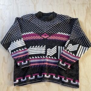 Vintage Forelli Sweater Mens XL Gray Aztec Geometric Crewneck Pullover Retro\